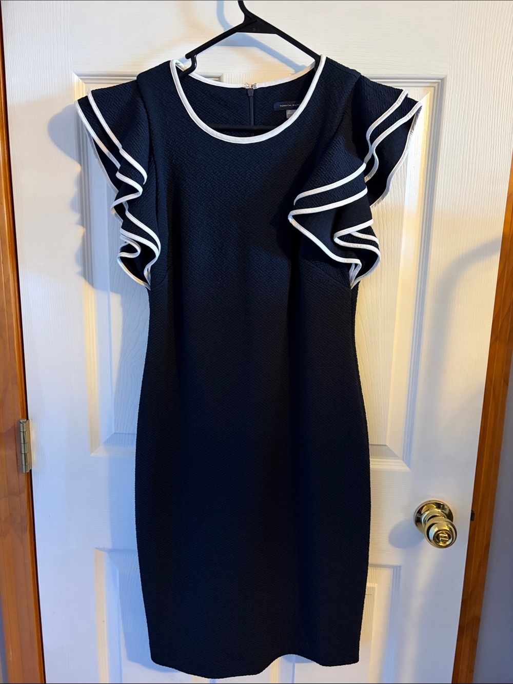 Tommy Hilfiger Navy Midi Dress with White Trim Ruffle Sleeves